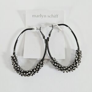 NWT Marlyn Schiff Gunmetal Grey Wire Beaded Accent Large Elongated Hoop Earrings
